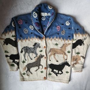 Horse Lovers Western Rare Vintage Thick Knit 100% Wool Button Up Cardigan Coat